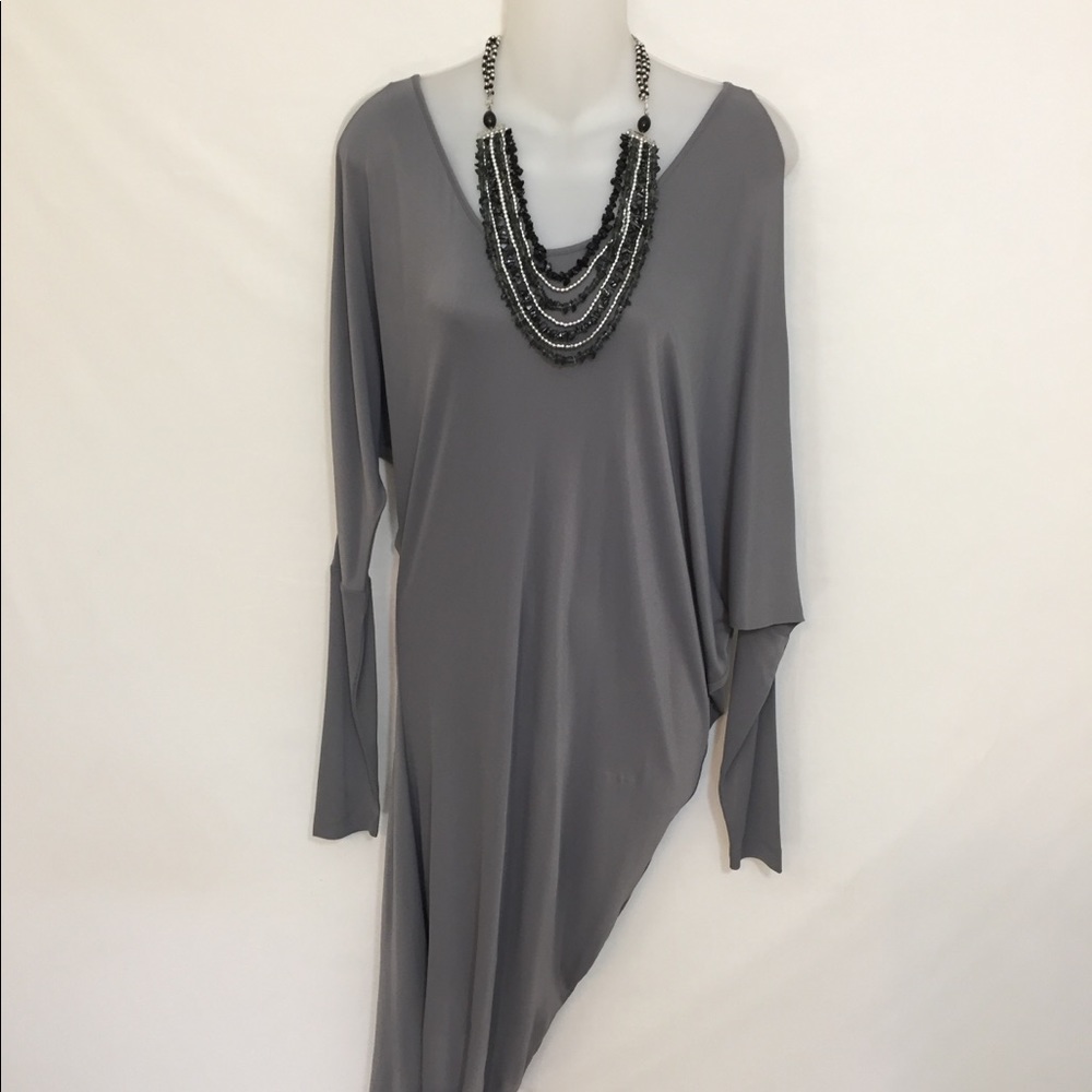 BCBG Maxazaria grey slinky asymmetric dress.